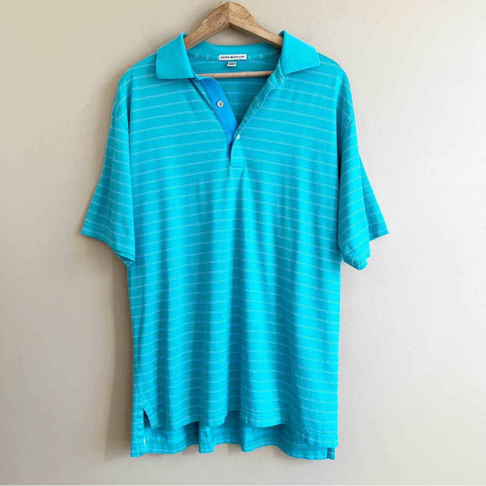 PETER MILLAR men’s turquoise polo golf shirt size large striped 100% cotton - Picture 6 of 6